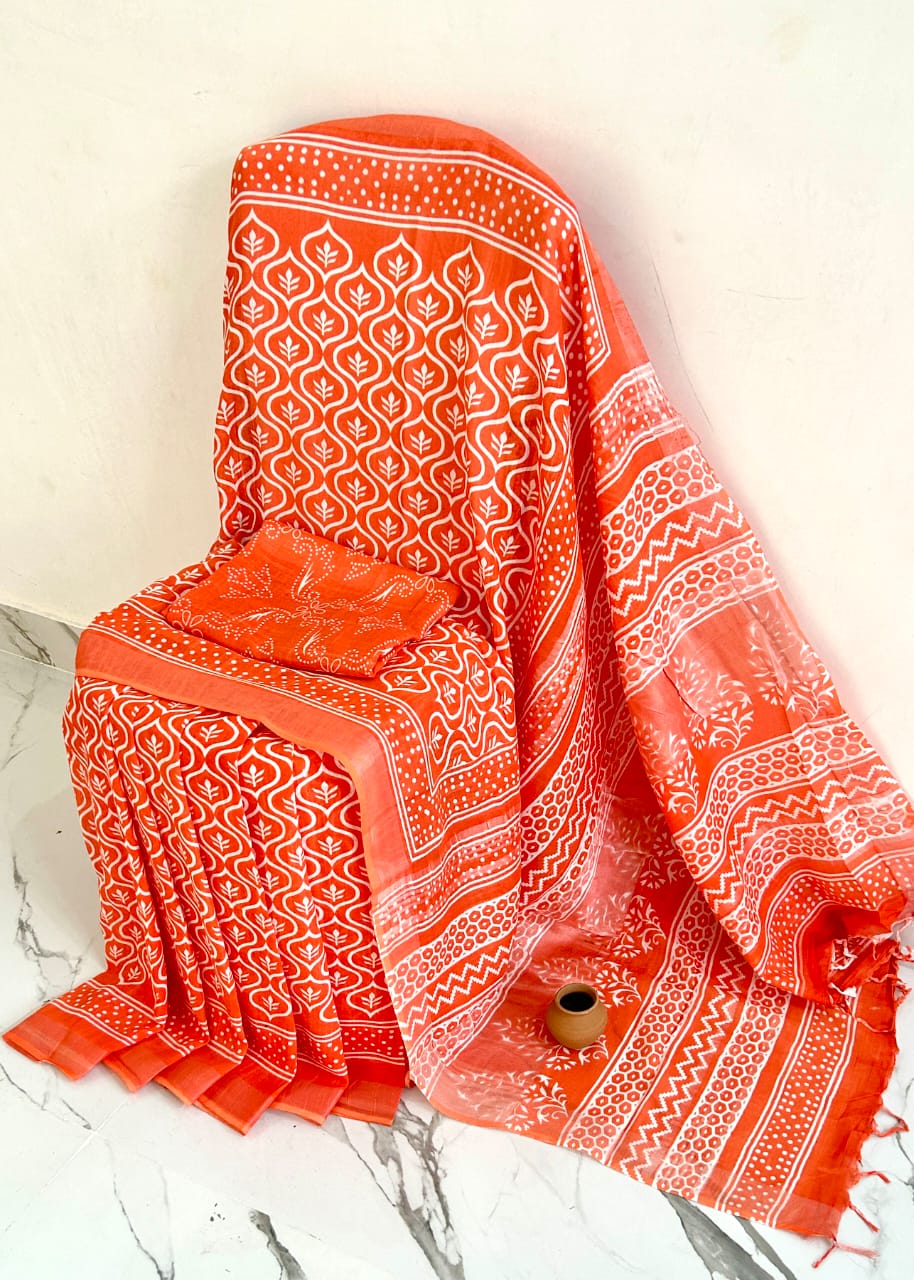 Hand Block Printed Linen Saree With Unstitched Blouse (SWSRLIL22)