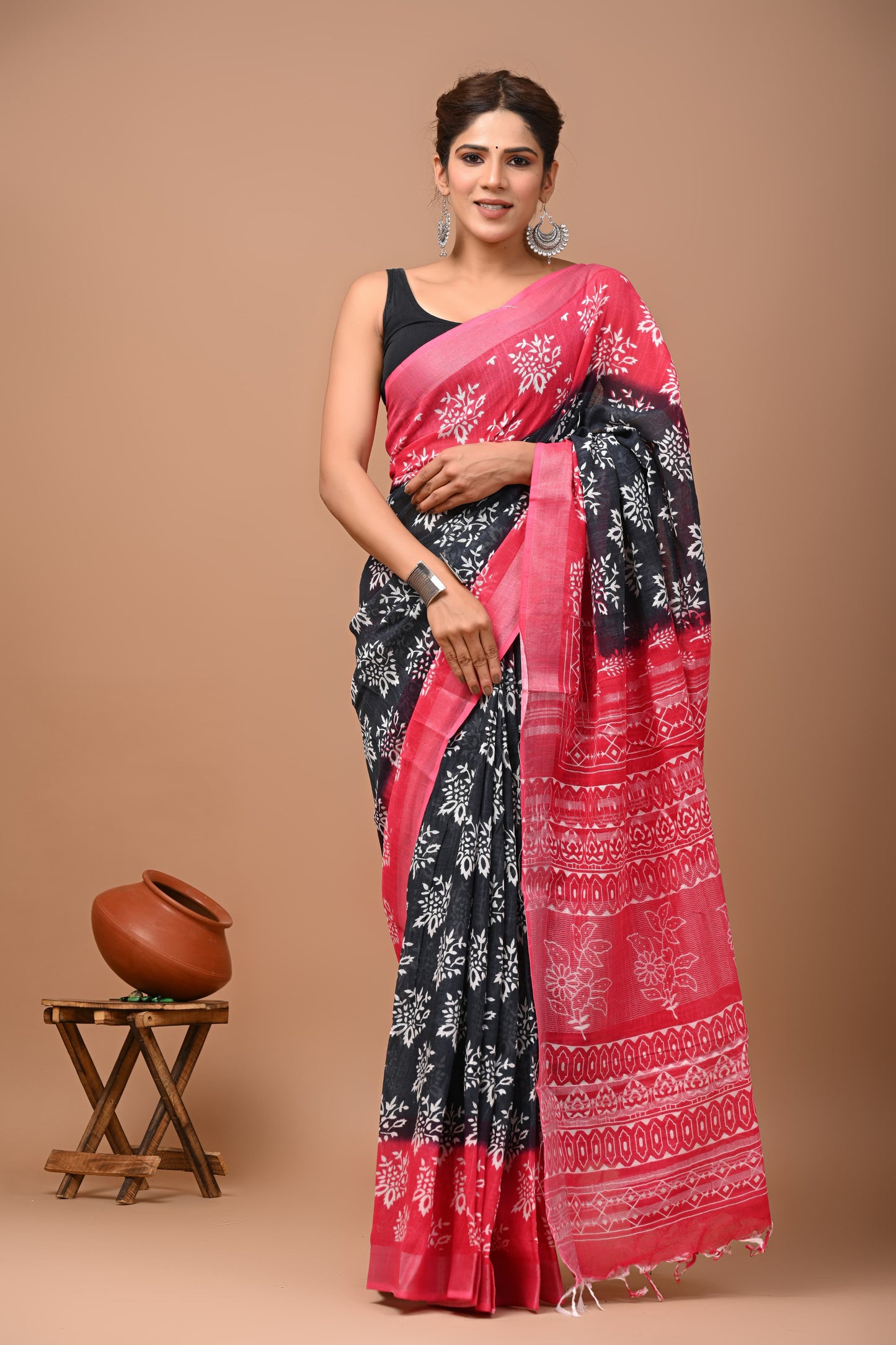 Hand Block Printed Linen Saree With Unstitched Blouse (SWSRLIL30)