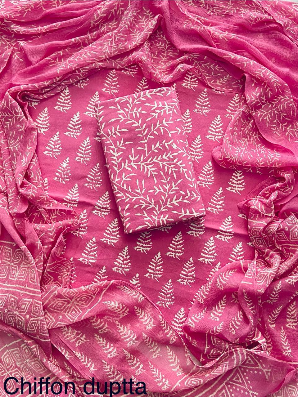 New Premium Hand Block Print Cotton Suit Set with Chiffon Dupatta(WACFCOTMU56)