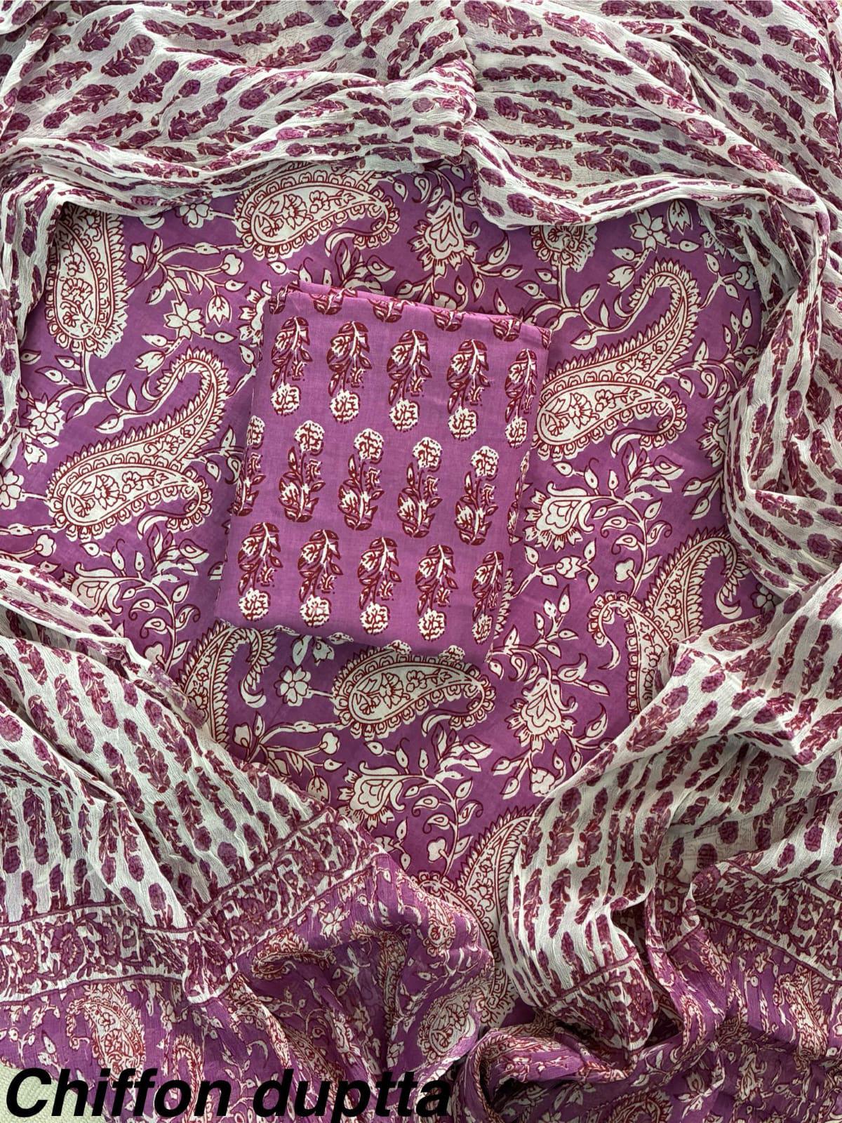 ELEGANT HAND BLOCK PRINT COTTON SUIT SET WITH CHIFFON DUPATTA(WACFCOTMU16)