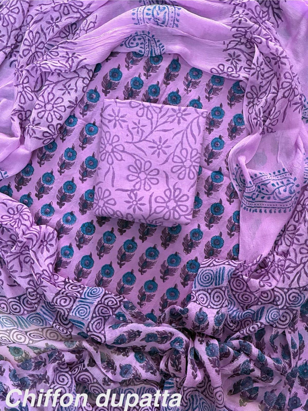 JAAL HAND BLOCK PRINT COTTON SUIT SET WITH CHIFFON DUPATTA(WACFCOTMU33)