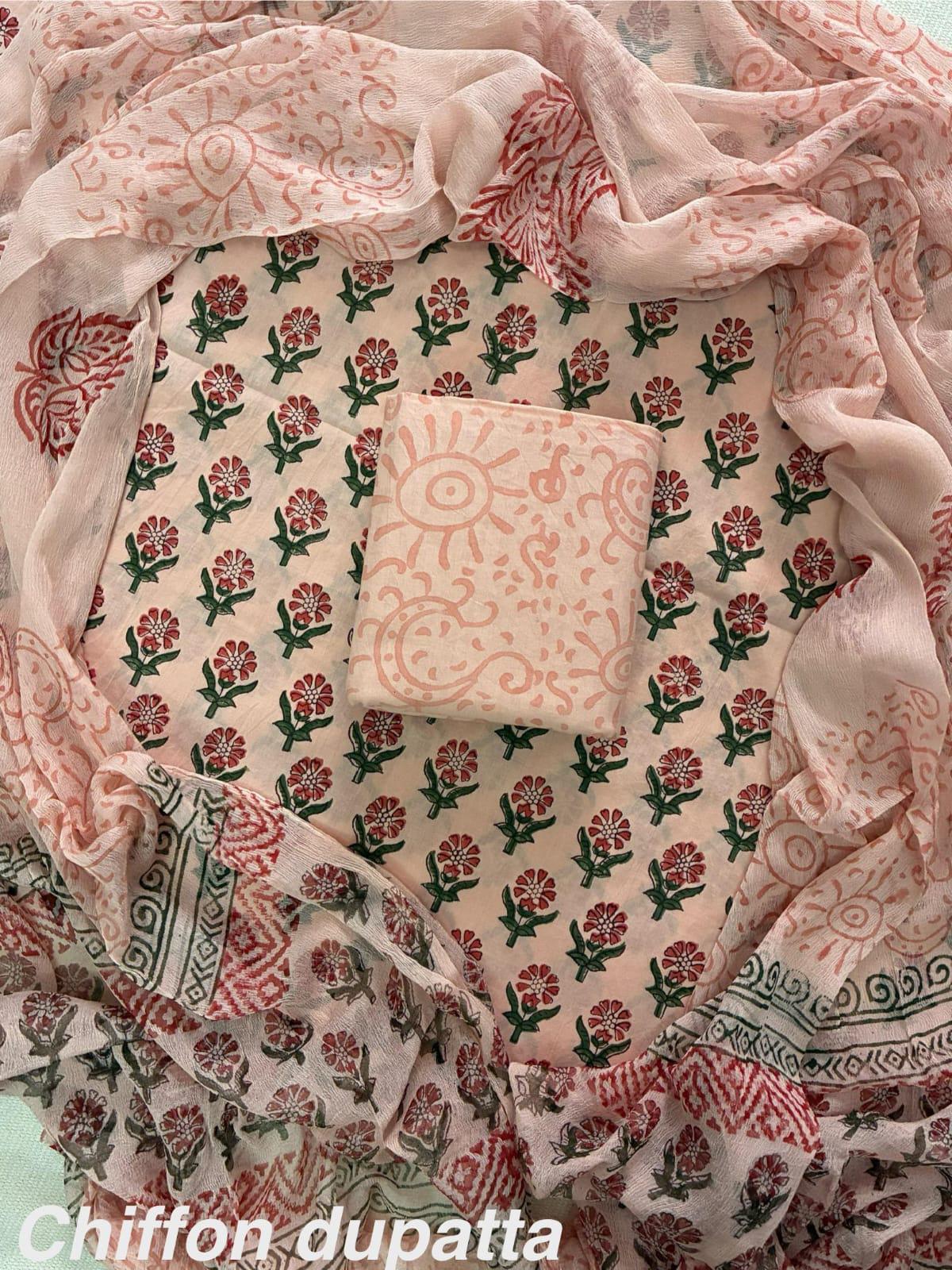 JAAL HAND BLOCK PRINT COTTON SUIT SET WITH CHIFFON DUPATTA(WACFCOTMU35)