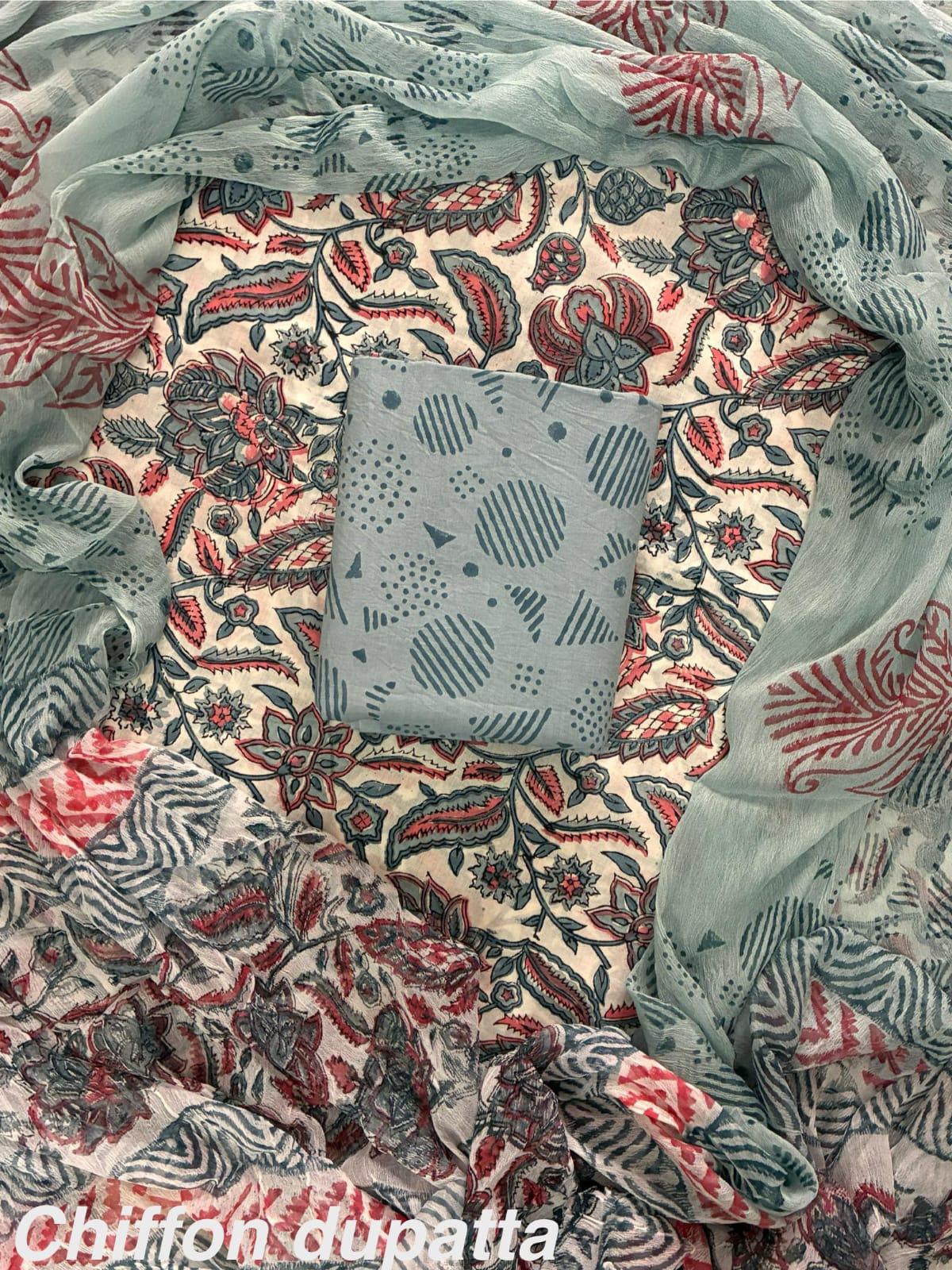 New Premium Hand Block Print Cotton Suit Set with Chiffon Dupatta(WACFCOTMU25)