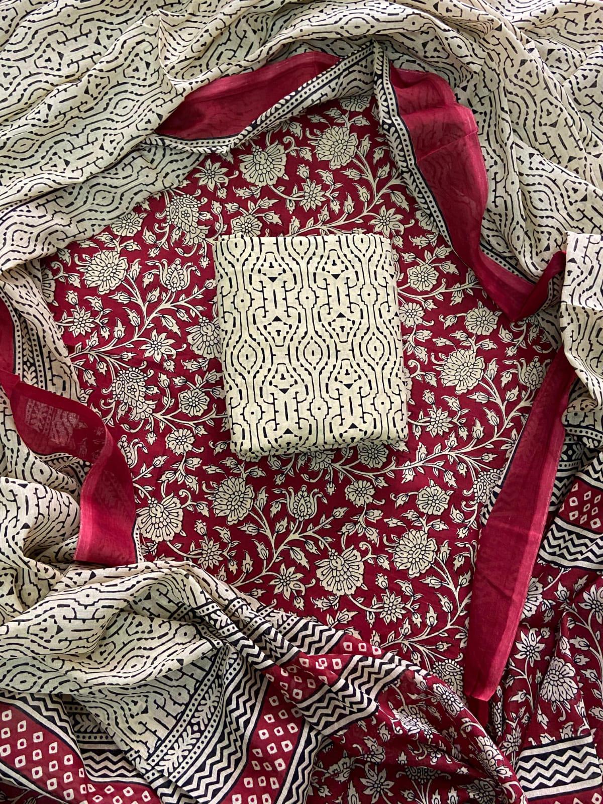 HAND BLOCK PRINT COTTON SUIT SET WITH MULMUL DUPATTA(WACOTMU88)