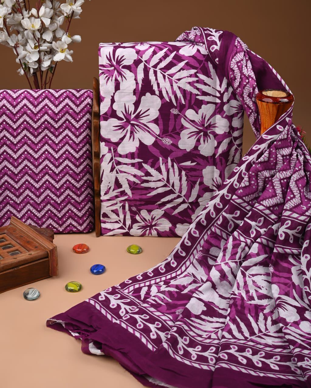 Designer Hand Block Print Cotton Suit Set with Mulmul Dupatta(WACOTMU176)
