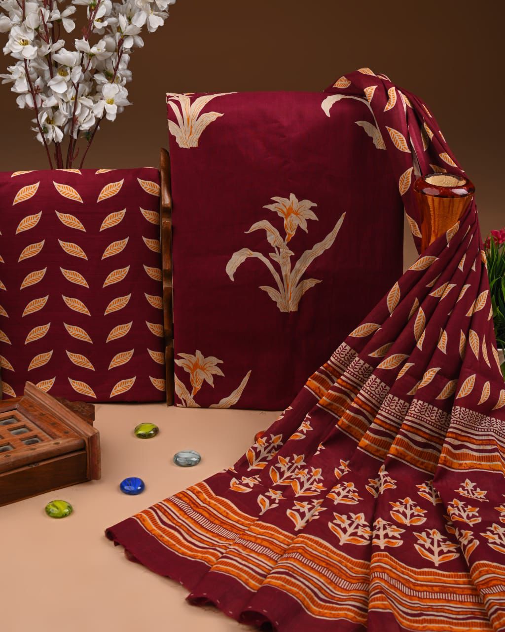 Designer Hand Block Print Cotton Suit Set with Mulmul Dupatta(WACOTMU183)