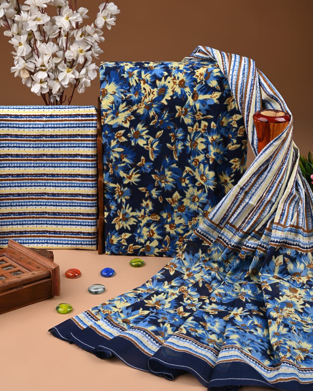 Designer Hand Block Print Cotton Suit Set with Mulmul Dupatta(WACOTMU187)