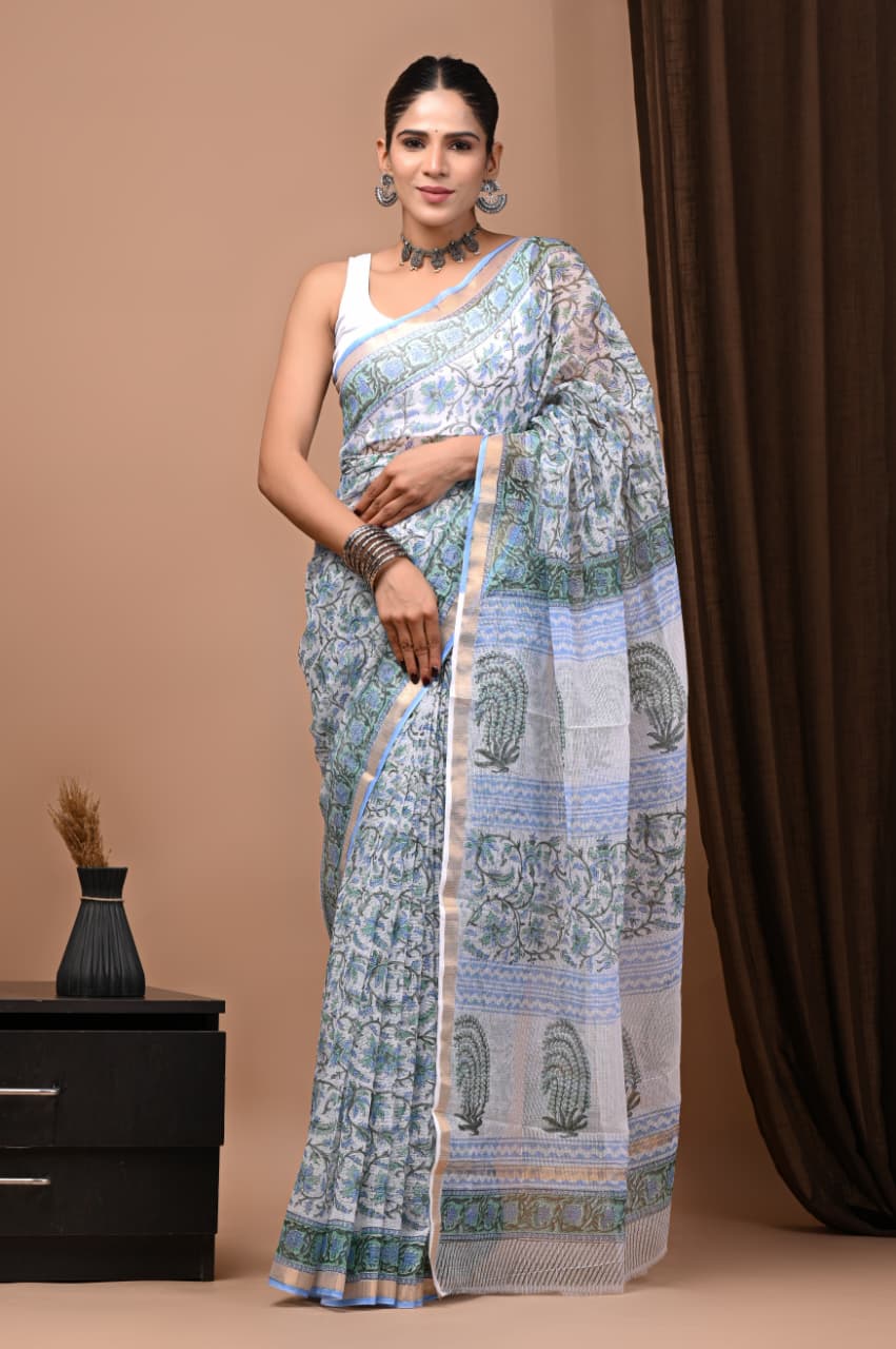 Exclusive hand Block Printed Kota Doria Saree (SWSRKO44)