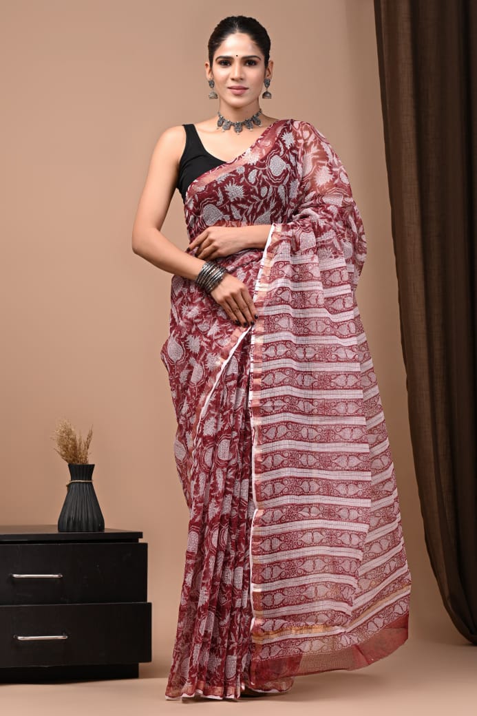 Exclusive hand Block Printed Kota Doria Saree (SWSRKO55)