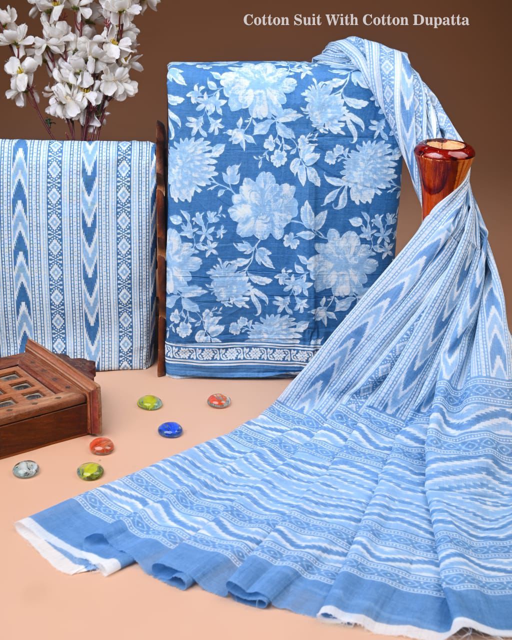 ELEGANT HAND BLOCK PRINT COTTON SUIT SET WITH MULMUL DUPATTA(WACOTMU57)