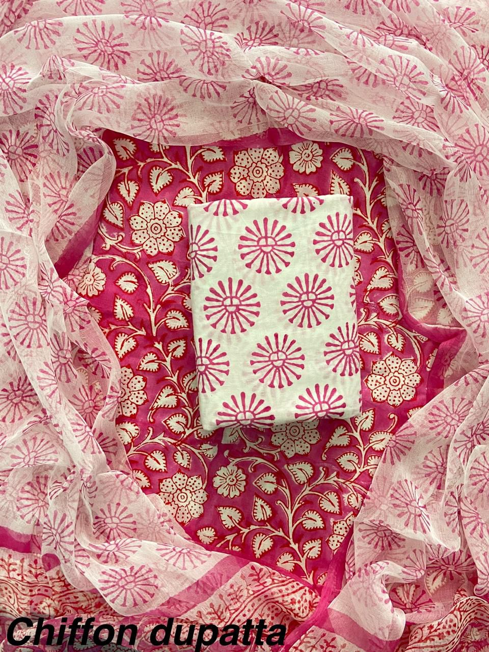 New Premium Hand Block Print Cotton Suit Set with Chiffon Dupatta(WACFCOTMU10)
