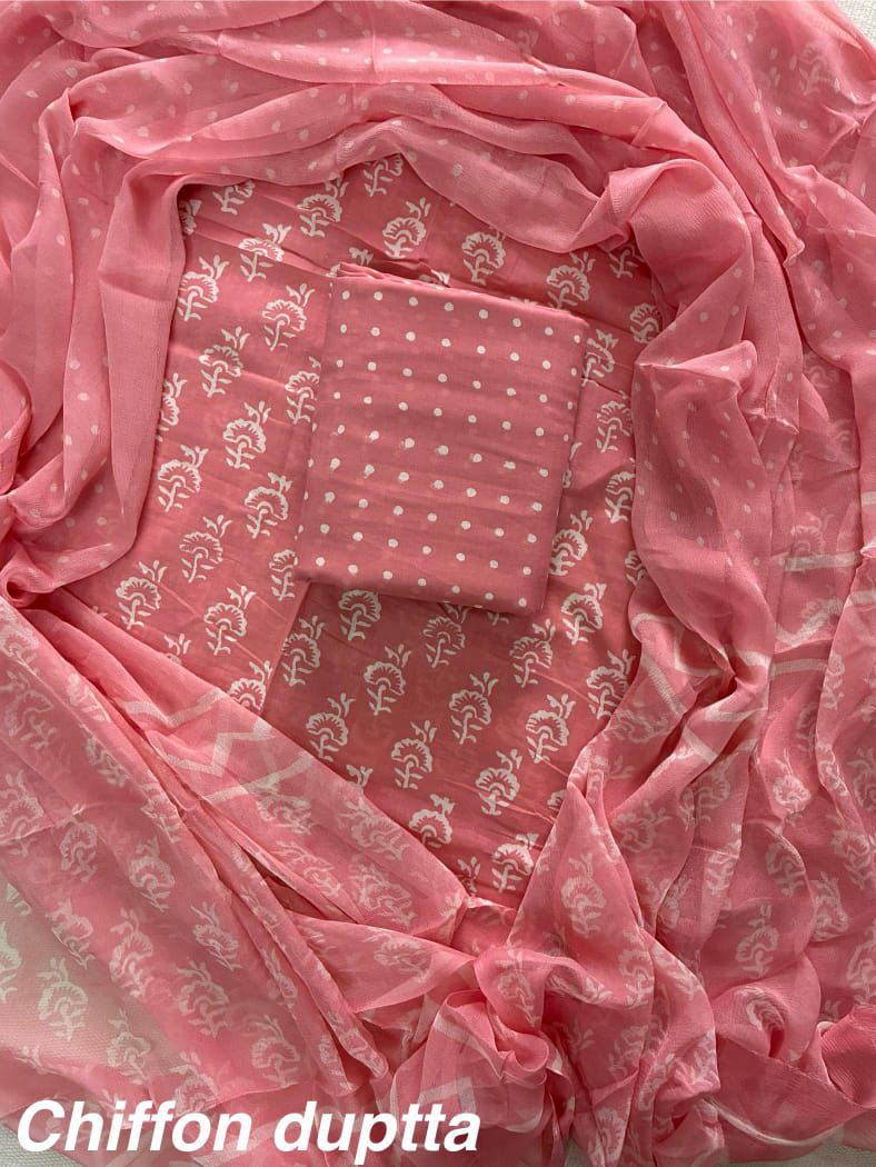 Exclusive Hand Block Print Cotton Suit Set with Chiffon Dupatta(WACFCOTMU29)