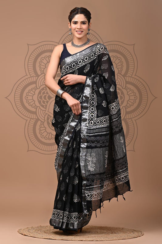 Hand Block Printed Linen Saree With Unstitched Blouse (SWSRLIL02)
