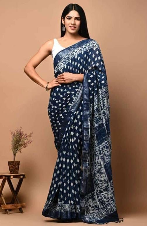 Hand Block Printed Linen Saree With Unstitched Blouse (SWSRLIL04)