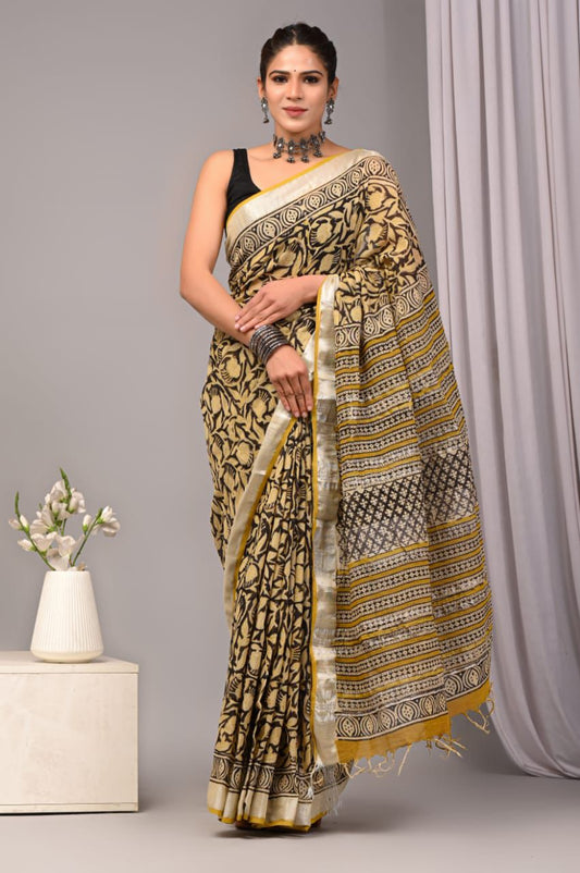 Hand Block Printed Linen Saree With Unstitched Blouse (SWSRLIL03)