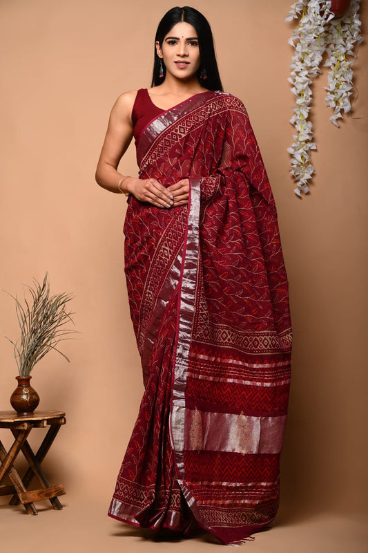 Hand Block Printed Linen Saree With Unstitched Blouse (SWSRLIL06