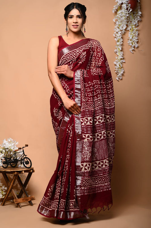 Hand Block Printed Linen Saree With Unstitched Blouse (SWSRLIL07