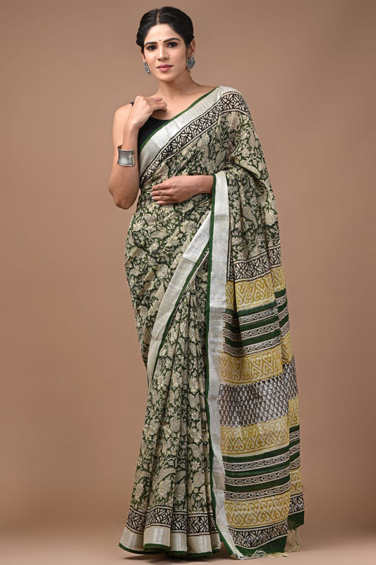 Hand Block Printed Linen Saree With Unstitched Blouse (SWSRLIL08)