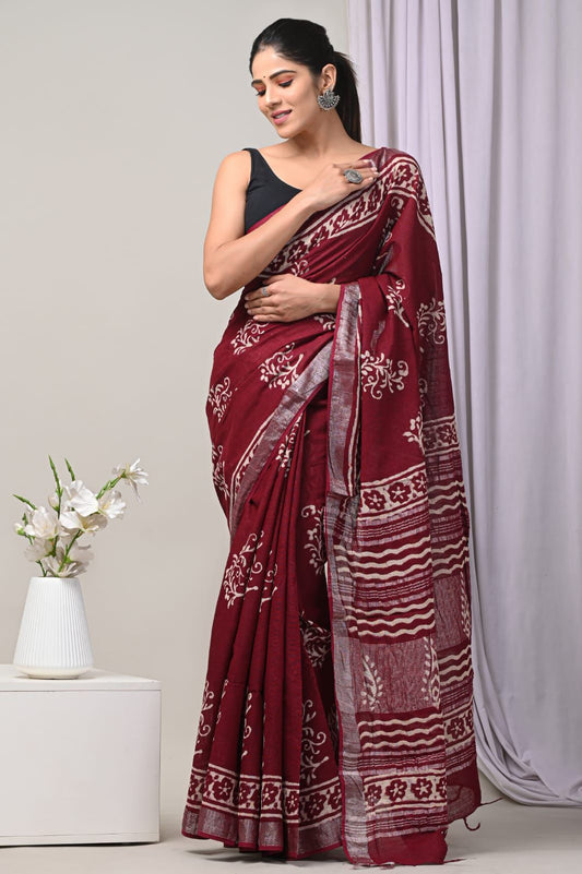 Hand Block Printed Linen Saree With Unstitched Blouse (SWSRLIL10)