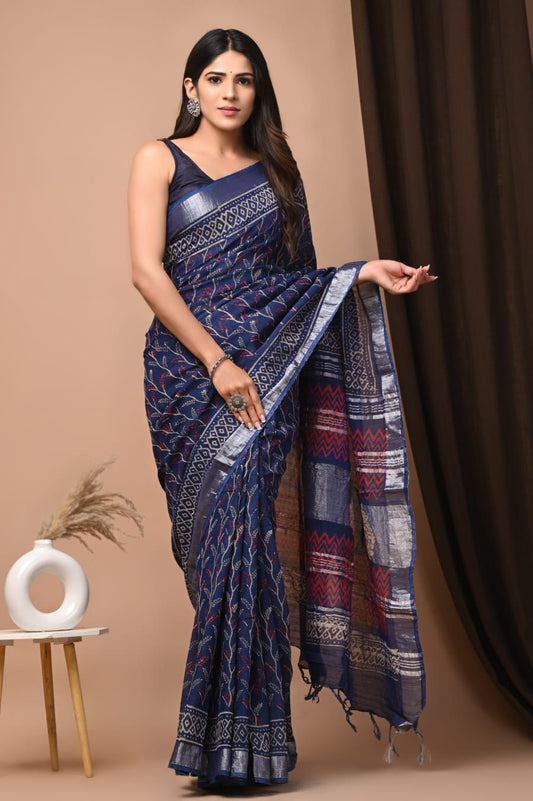 Hand Block Printed Linen Saree With Unstitched Blouse (SWSRLIL12)