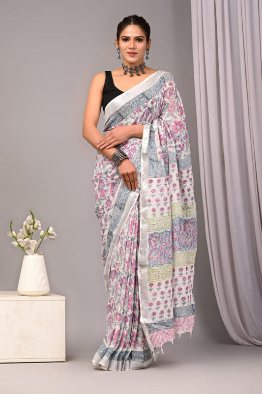 Hand Block Printed Linen Saree With Unstitched Blouse (SWSRLIL14)