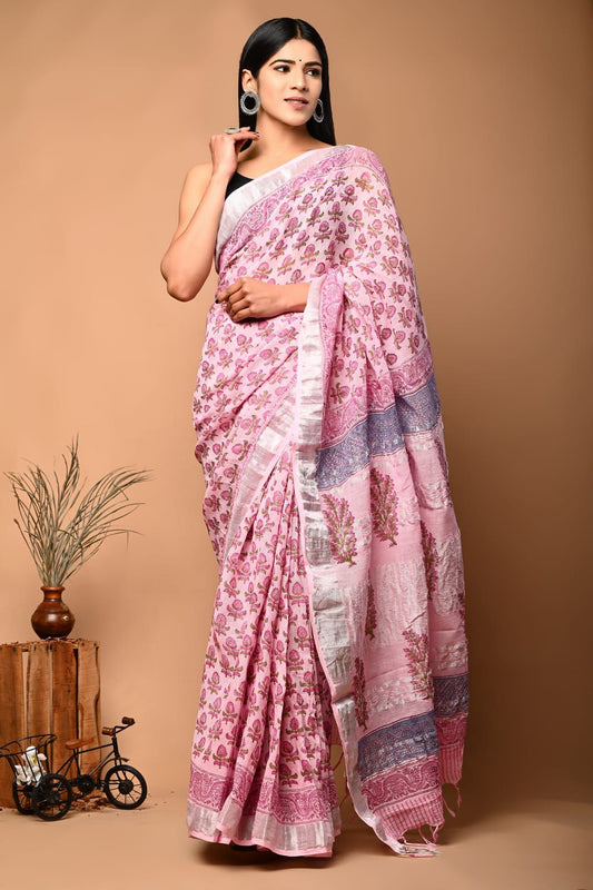 Hand Block Printed Linen Saree With Unstitched Blouse (SWSRLIL16)