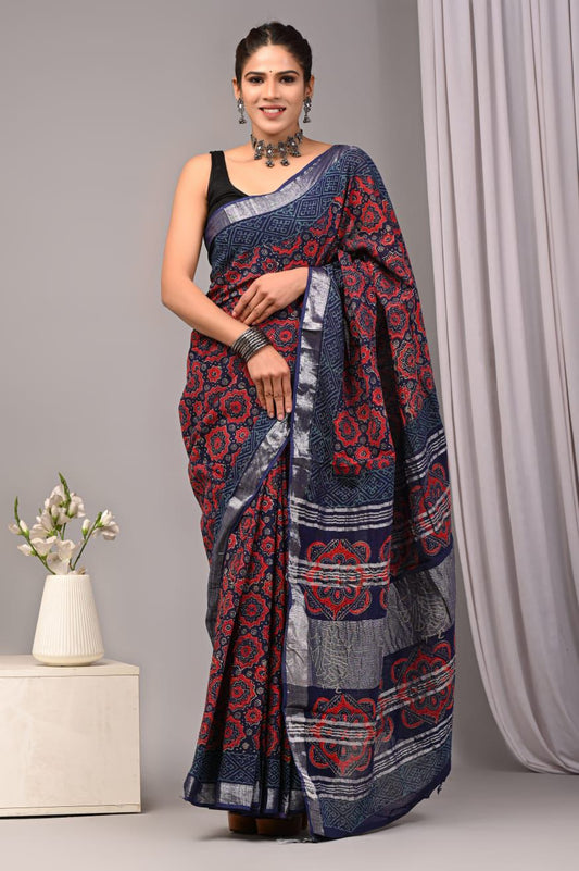 Hand Block Printed Linen Saree With Unstitched Blouse (SWSRLIL15)