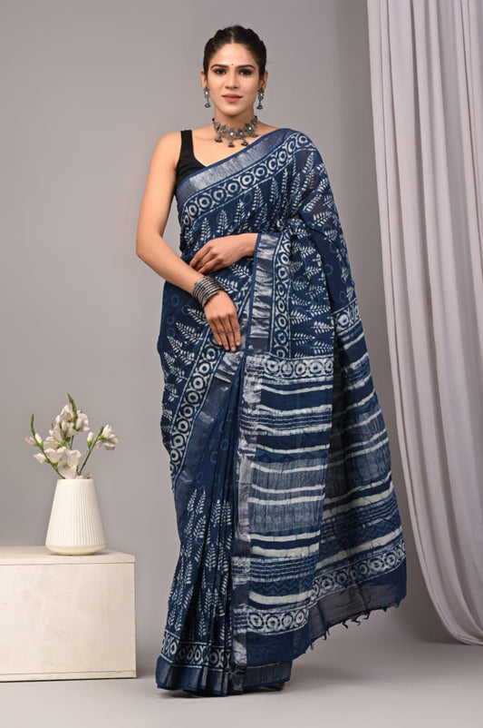 Hand Block Printed Linen Saree With Unstitched Blouse (SWSRLIL17