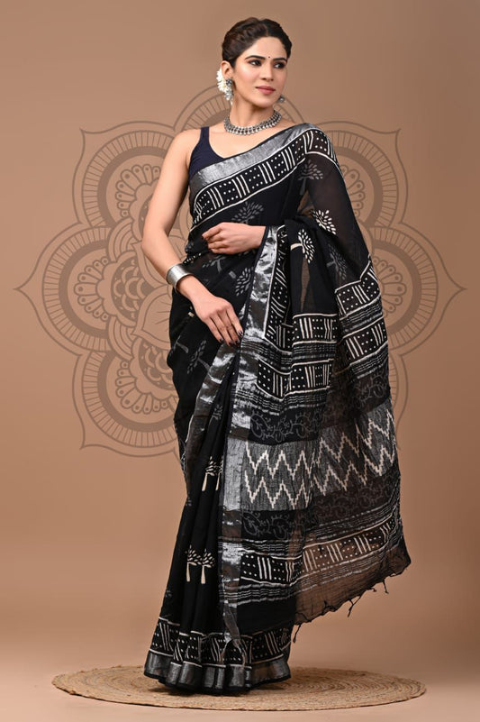 Hand Block Printed Linen Saree With Unstitched Blouse (SWSRLIL20)