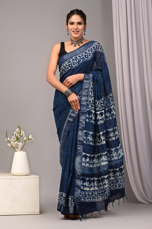 Hand Block Printed Linen Saree With Unstitched Blouse (SWSRLIL22)