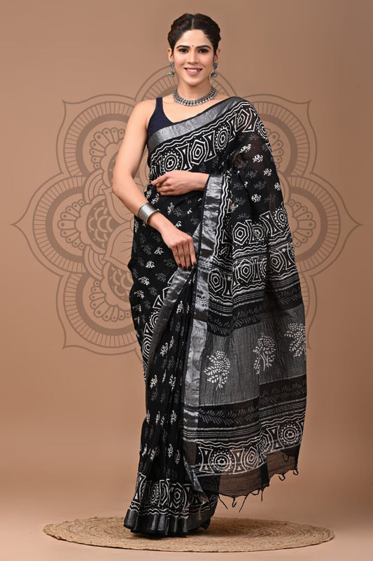 Hand Block Printed Linen Saree With Unstitched Blouse (SWSRLIL26)