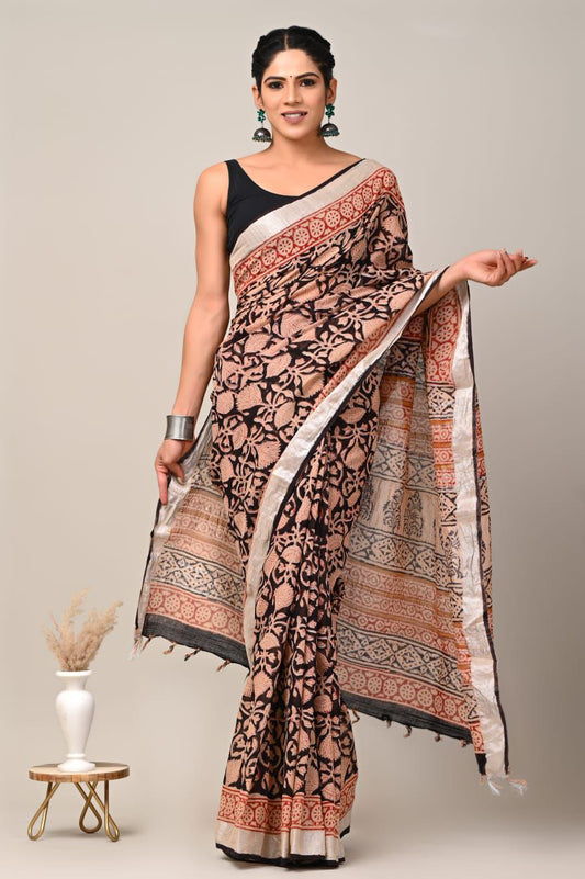 Hand Block Printed Linen Saree With Unstitched Blouse (SWSRLIL25)