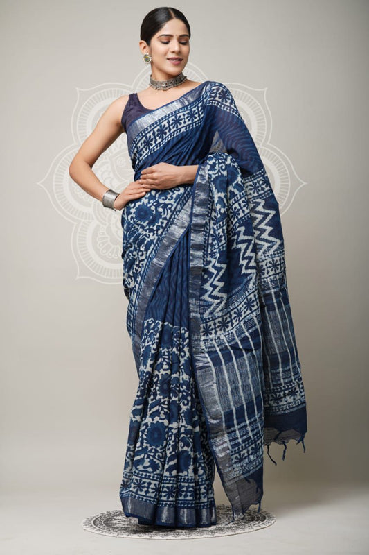 Hand Block Printed Linen Saree With Unstitched Blouse (SWSRLIL28)