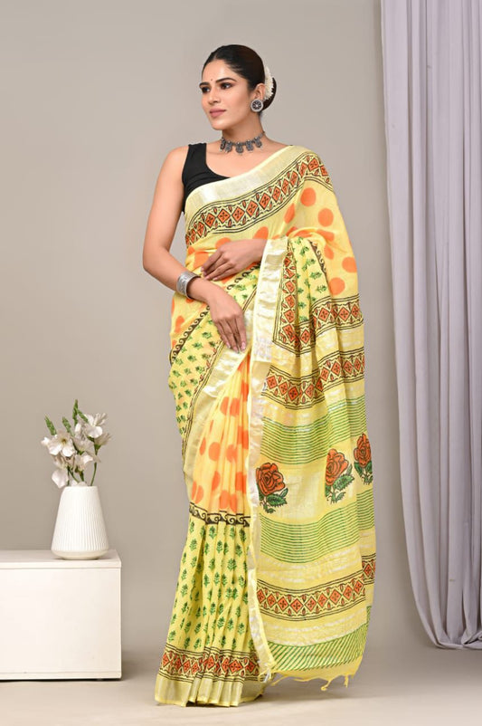 Hand Block Printed Linen Saree With Unstitched Blouse (SWSRLIL29