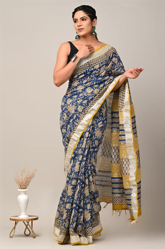 Hand Block Printed Linen Saree With Unstitched Blouse (SWSRLIL30)