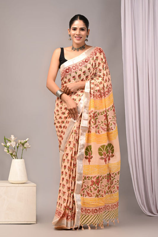 Hand Block Printed Linen Saree With Unstitched Blouse (SWSRLIL32)