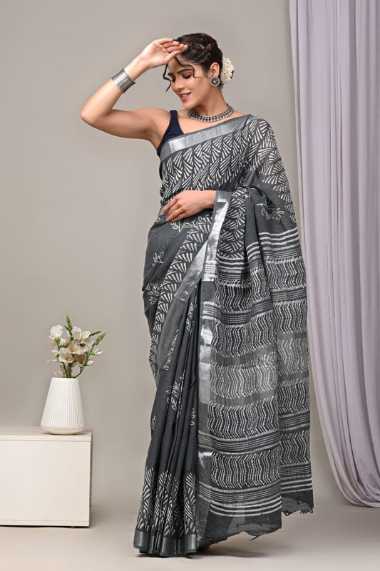 Hand Block Printed Linen Saree With Unstitched Blouse (SWSRLIL49)
