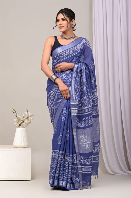 Hand Block Printed Linen Saree With Unstitched Blouse (SWSRLIL51)