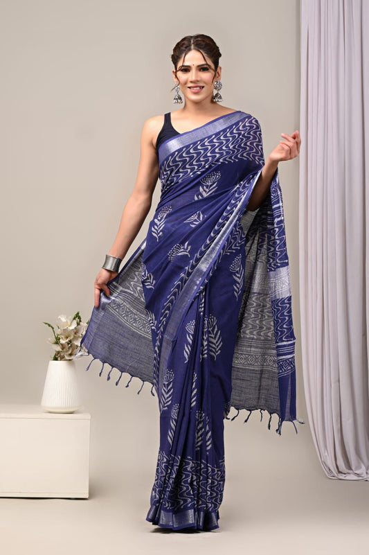 Hand Block Printed Linen Saree With Unstitched Blouse (SWSRLIL50