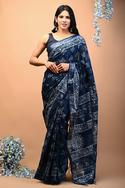 Hand Block Printed Linen Saree With Unstitched Blouse (SWSRLIL52)