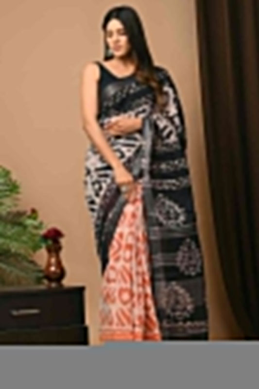 Hand Block Printed Linen Saree With Unstitched Blouse (SWSRLIL54)