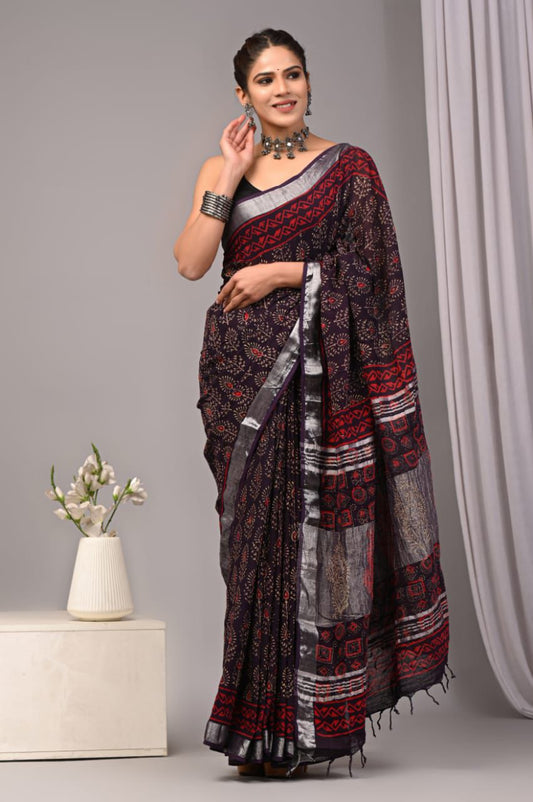 Hand Block Printed Linen Saree With Unstitched Blouse (SWSRLIL55)