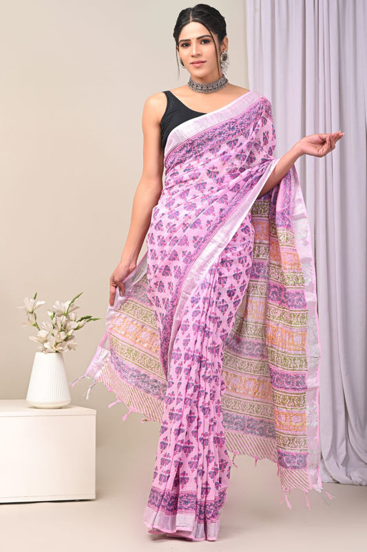 Hand Block Printed Linen Saree With Unstitched Blouse (SWSRLIL57)