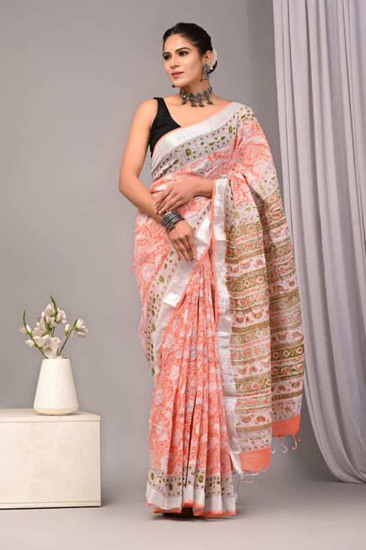 Hand Block Printed Linen Saree With Unstitched Blouse (SWSRLIL58)