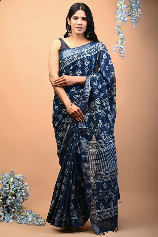 Hand Block Printed Linen Saree With Unstitched Blouse (SWSRLIL59)