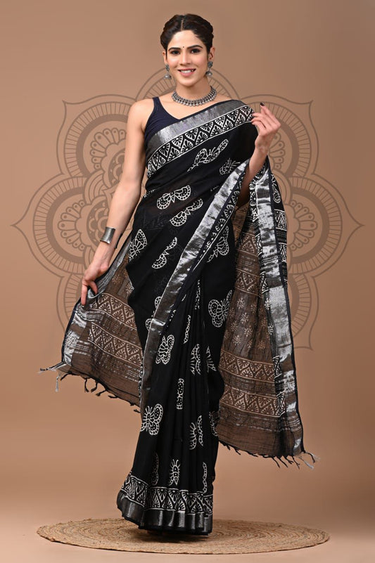 Hand Block Printed Linen Saree With Unstitched Blouse (SWSRLIL60)