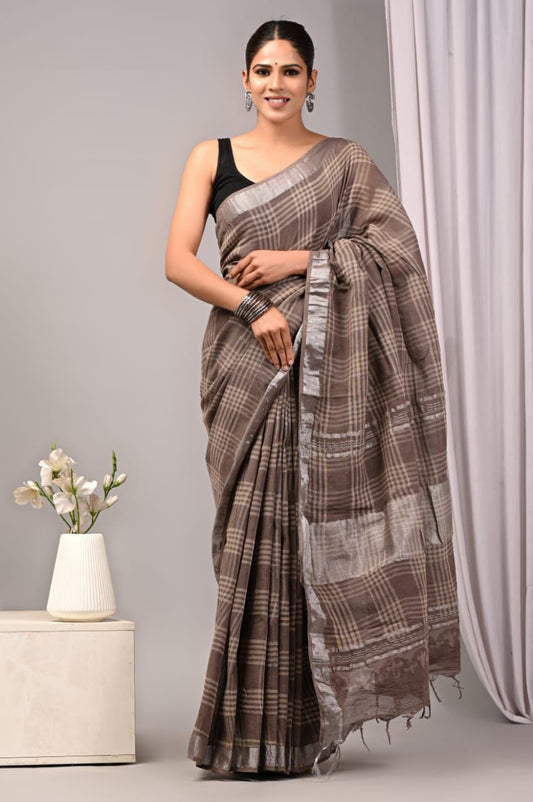 Hand Block Printed Linen Saree With Unstitched Blouse (SWSRLIL66)