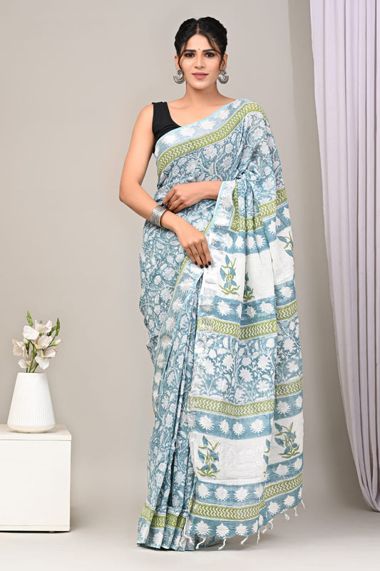 Hand Block Printed Linen Saree With Unstitched Blouse (SWSRLIL67