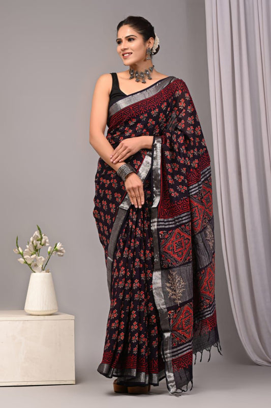 Hand Block Printed Linen Saree With Unstitched Blouse (SWSRLIL70 )