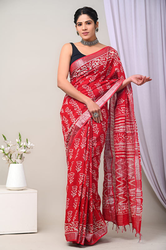Hand Block Printed Linen Saree With Unstitched Blouse (SWSRLIL61)